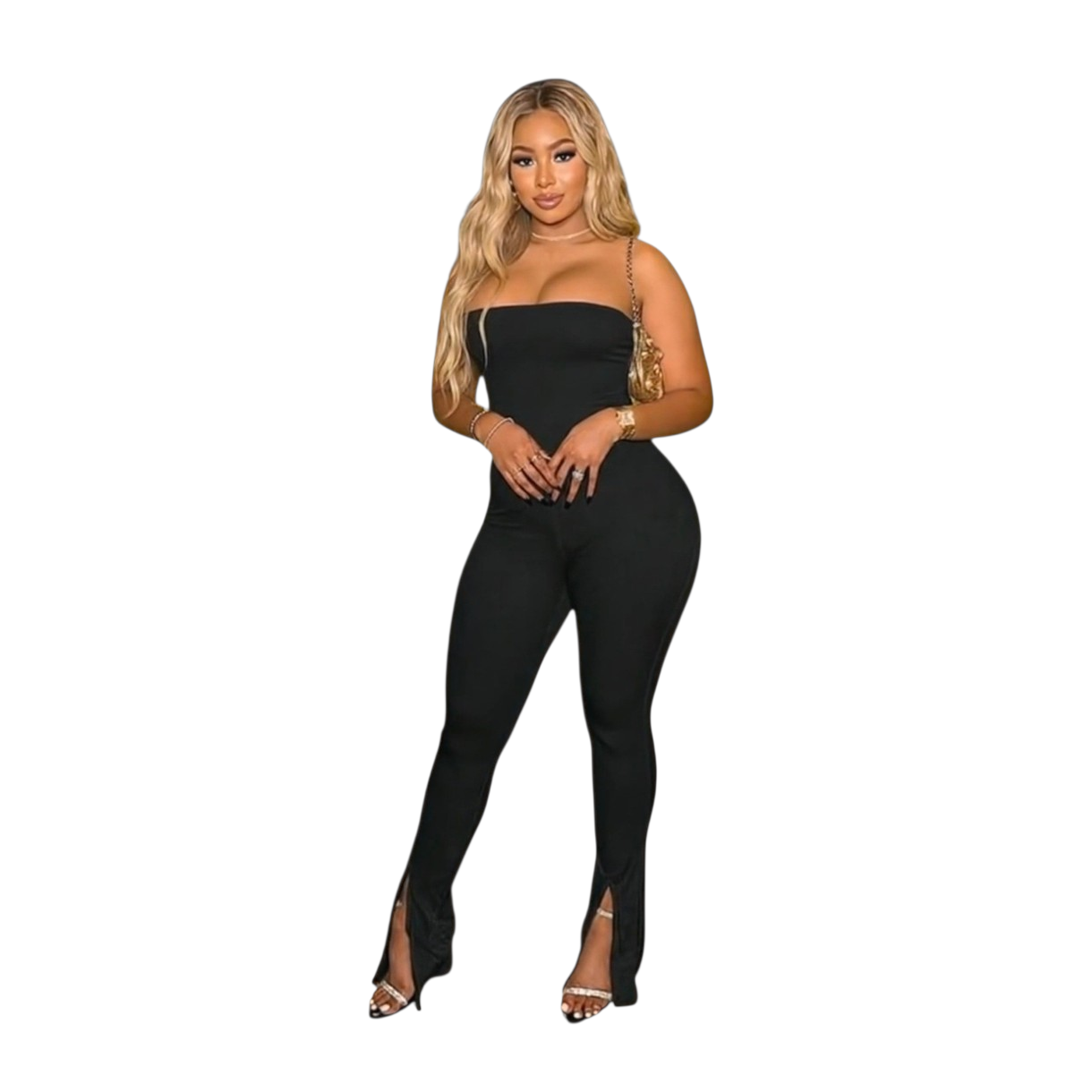 Black Tube Top Split Hem Jumpsuit